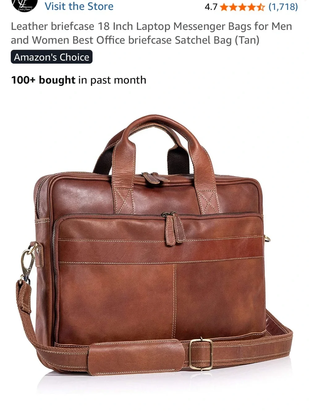 Leather Briefcase 18” Messenger Bag in Brown